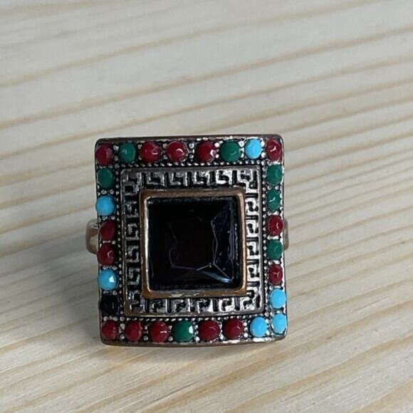 Silver Tone Multicolored Enamel Beaded Red Blue Square Black Faceted Ring - Picture 1 of 4